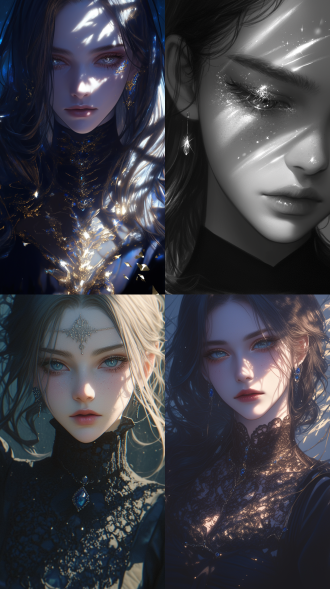 beautiful woman, diamond eyes, close-up shot, high contrast, dark tones, cool lighting, sad expression, delicate makeup, jewelry decorations, mysterious atmosphere, melancholic mood，高质量，渲染