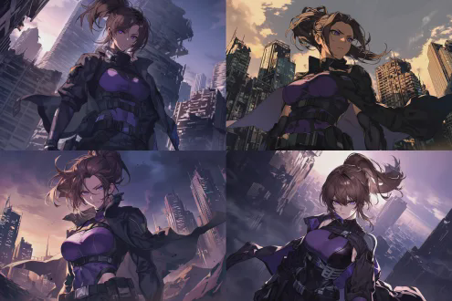 一位身形高大的女性，棕色高马尾，紫色眼眸锐利深邃，身着黑色风衣猎装与紫色紧身内搭，配战术腰带及单肩披风，立于未来都市废墟，黄昏光线斜照，冷峻面容，压迫感十足，动态构图，赛博朋克风格，电影感光影，广角镜头，低饱和度色调，氛围紧张。