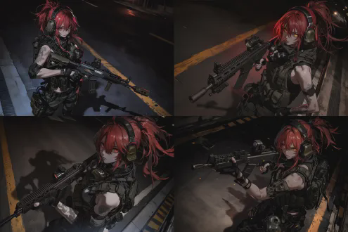 高挑女性，冷酷神情，赤红高马尾，金色锐眼，黑色战术背心与耳机，手持ak步枪，腰挂防毒面具，夜间街道，警戒线背景，动态构图，军事风格，电影感光影，广角镜头，低饱和度色调，紧张氛围，动作姿态，硬核细节，深色阴影，锐利焦点，都市夜景。