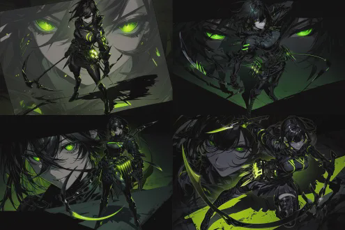 黑色长发女性翠绿瞳孔诡异笑容，黑色紧身衣绿色发光条纹，腰挂发光容器刀具，黑色裙摆战术裤长靴，手持漆黑镰刀，军事氛围全身照，漫画插图风格，8k分辨率，锐利细节，戏剧性照明详细阴影，广角镜头高对比度，军事美学，坚定专注。