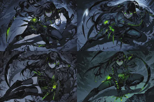 一位黑色长发翠绿瞳孔女性，黑色紧身衣饰绿色发光条纹，腰间发光容器与刀具，黑色裙摆战术裤长靴，手持漆黑镰刀，面容严肃眼神锐利诡异微笑，军事氛围全身照，戏剧性照明锐利阴影，漫画插图风格，8k分辨率，广角镜头，高对比度，冷色调，坚定专注，动态姿势，复杂机械背景，锐利细节。