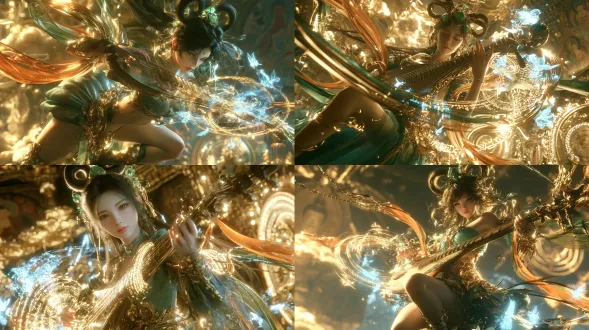 东方幻想敦煌仙侠游戏cg，电影级次世代3d，ue5、octane render、pbr材质。成年东方女性飞天乐师，精致柔美的中国女性五官，白皙真实细腻肌肤，清澈灵动的眼眸，神情清冷神圣。保留参考人物高耸双环盘发、青玉金饰、青绿色抹胸仙裙、金色腰饰、橙金与青绿半透明飞天飘带，以及华丽的古典琵琶。全身动态施法构图，从头饰到双脚完整入镜，人物占画面高度75%，低机位仰拍，身体凌空飞舞，腰部轻微扭转，一腿自然弯曲，另一腿舒展，动作轻盈优美。琵琶斜横于胸前，一手扶琴颈，一手拨动琴弦，琴弦爆发璀璨的金蓝色音律法术，形成巨大环形音波、旋转金色符文、冰蓝灵蝶与流动光丝。青金飘带随法力高速飞扬，围绕人物形成螺旋动态轨迹，特效避开脸部与身体主体。背景为敦煌仙宫、金色云海、远古佛窟壁画与宏伟神圣光轮，暖金逆光勾勒发丝和飘带，冷蓝灵力映亮琵琶及人物侧面，电影级冷暖光影，浅景深，体积光，真实皮肤次表面散射，丝绸纤维清晰，金属反射精致，画面仙气磅礴，主体突出，华丽而不杂乱，竖版9:16，高清高精度。 手自然结印，指尖灵力连接星核，少量碎玉与莲瓣绕轨悬浮。背后一道淡金残月光轮，衣袖与长发被灵力托起，呈现御器凌空的失重感。 半身电影近景，脸部位于左上，月轮位于右下，眼睛、手指与星核形成三角构图。背景为云海悬山、金顶仙宫与若隐若现的敦煌莲花纹建筑，浅景深虚化。金色强逆光穿透发丝薄纱，冷青蓝补光，脸部明亮清晰，特效克制。ue5、octane、pbr，真实丝绸褶皱、温润透光玉石、精致金属反射，电影级次世代3d质感，16:9横版。 避免：塑料脸、夸张大眼、长假睫毛、饰品堆砌、厚重衣裙、畸形手指、法器错乱、特效遮脸、过曝、文字水印
