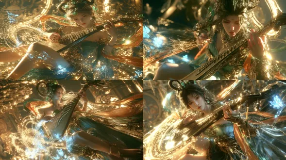 东方幻想敦煌仙侠游戏cg，电影级次世代3d，ue5、octane render、pbr材质。成年东方女性飞天乐师，精致柔美的中国女性五官，白皙真实细腻肌肤，清澈灵动的眼眸，神情清冷神圣。保留参考人物高耸双环盘发、青玉金饰、青绿色抹胸仙裙、金色腰饰、橙金与青绿半透明飞天飘带，以及华丽的古典琵琶。全身动态施法构图，从头饰到双脚完整入镜，人物占画面高度75%，低机位仰拍，身体凌空飞舞，腰部轻微扭转，一腿自然弯曲，另一腿舒展，动作轻盈优美。琵琶斜横于胸前，一手扶琴颈，一手拨动琴弦，琴弦爆发璀璨的金蓝色音律法术，形成巨大环形音波、旋转金色符文、冰蓝灵蝶与流动光丝。青金飘带随法力高速飞扬，围绕人物形成螺旋动态轨迹，特效避开脸部与身体主体。背景为敦煌仙宫、金色云海、远古佛窟壁画与宏伟神圣光轮，暖金逆光勾勒发丝和飘带，冷蓝灵力映亮琵琶及人物侧面，电影级冷暖光影，浅景深，体积光，真实皮肤次表面散射，丝绸纤维清晰，金属反射精致，画面仙气磅礴，主体突出，华丽而不杂乱，竖版9:16，高清高精度。 手自然结印，指尖灵力连接星核，少量碎玉与莲瓣绕轨悬浮。背后一道淡金残月光轮，衣袖与长发被灵力托起，呈现御器凌空的失重感。 半身电影近景，脸部位于左上，月轮位于右下，眼睛、手指与星核形成三角构图。背景为云海悬山、金顶仙宫与若隐若现的敦煌莲花纹建筑，浅景深虚化。金色强逆光穿透发丝薄纱，冷青蓝补光，脸部明亮清晰，特效克制。ue5、octane、pbr，真实丝绸褶皱、温润透光玉石、精致金属反射，电影级次世代3d质感，16:9横版。 避免：塑料脸、夸张大眼、长假睫毛、饰品堆砌、厚重衣裙、畸形手指、法器错乱、特效遮脸、过曝、文字水印