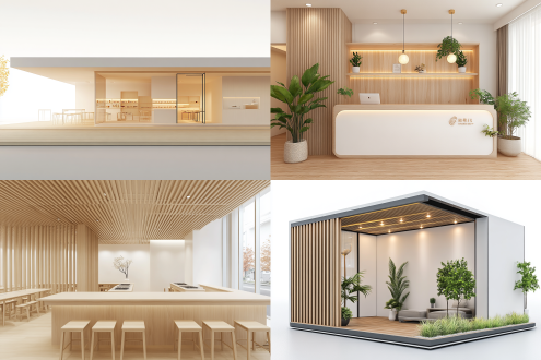 长条型的展台效果图，17×3×4.5米标准尺寸，展台尺寸比例为细长型，极简主义办公室装修，纯白空间结构搭配木纹，浅色木地板，简约大气，白色主体结构配原木纹理展示台，墙面无装饰，空间通透干净 极简主义 白 木制