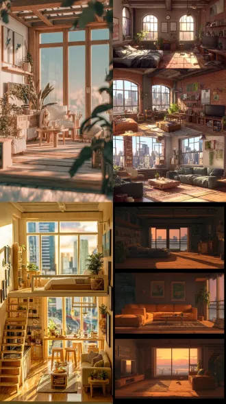 三层loft公寓，上层办公休闲区配双开门窗，中层睡眠区，下层客厅餐厨区带沙发茶几电视，现代简约风格，广角镜头，自然光与暖光混合，午后阳光，柔和阴影，高细节纹理，绿植装饰画点缀，木质地板，窗外城市轮廓，生活化场景，浅景深，照片级真实质感，温馨时尚，舒适宁静，零食点缀，柔和色调