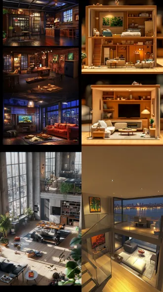 三层loft公寓，上层办公休闲区配双开门窗，中层睡眠区，下层客厅餐厨区沙发茶几电视，现代简约风，广角镜头，午后自然光与暖光混合，柔和阴影，高细节纹理，绿植装饰画点缀，木质地板，零食点缀，窗外城市轮廓，浅景深，照片级真实感，温馨时尚，舒适宁静，生活化场景
