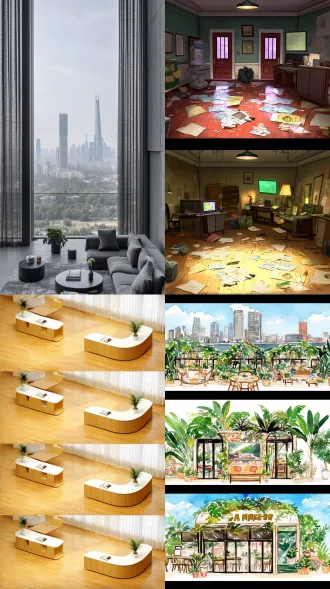 三层loft公寓现代简约风格，广角镜头拍摄，上层办公休闲区双开门窗透入午后阳光，中层睡眠区温馨宁静，下层客厅餐厨区沙发茶几电视机，木质地板高细节纹理，绿植装饰画点缀，零食摆放自然，窗外城市轮廓，自然光与暖光混合柔和阴影，浅景深突出层次，生活化场景照片级真实质感，舒适温暖氛围，时尚温馨