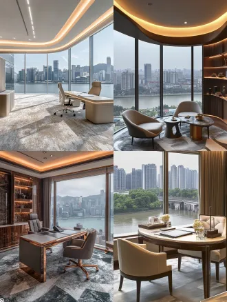 总裁办公室全景，270度江景落地窗，极简主义设计，线性灯带与自然光交织，灰白拼色地毯，几何金属线条装饰，暖调中性色，高对比材质，静谧奢华，空间深邃，8k广角镜头，沉稳商务气场，现代优雅，柔和散射光，冷色窗景与暖色室内对比，高级灰调，城市天际线，低调奢华，材质细节特写