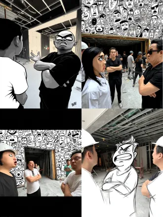 黑白漫画风格，简体画沙雕表情包，极度夸张五官和扭曲身体，不改变原图构图，保留人物特征，只画人物外框和表情，整体画风整体以白色线条勾勒背景为纯白色。不要背景，只有人物，要画出来人物动作