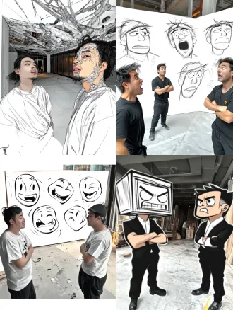 黑白漫画风格，简体画沙雕表情包，极度夸张五官和扭曲身体，不改变原图构图，保留人物特征，只画人物外框和表情，整体画风整体以白色线条勾勒背景为纯白色。不要背景，只有人物，要画出来人物动作