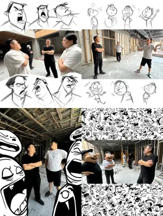 黑白漫画风格，简体画沙雕表情包，极度夸张五官和扭曲身体，保留原图构图和人物特征，白色线条勾勒，纯白背景，无阴影，扁平化设计，粗线条描边，滑稽表情，动态姿势，夸张动作，简洁明快，高对比度，无渐变，卡通化处理