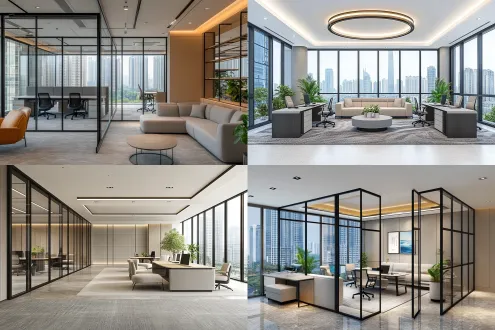 现代新中式公室装修，大量现代配少量新中式元素，黑色边框玻璃隔断，灰色地毯，长方形办公桌配人体工学椅，浅灰模块化沙发，中式盆景造型，弧形落地灯，大窗配浅灰窗帘，嵌入式天花板灯，米白浅灰木色调，窗外高楼，高端优雅氛围，照片级真实质感，8k分辨率，自然光与柔和人工光结合，广角镜头，低对比度，宁静专业情绪