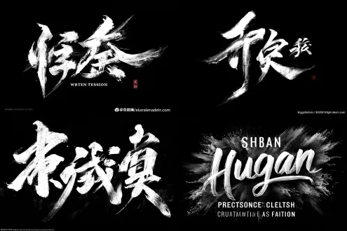 请生成以 “弘建公装 ” 写成一排，为内容的黑底白字秀丽笔书法图片，笔画紧凑有力，转折处干脆利落，起笔和收笔处带有自然的顿笔和锋锐感，飞白效果自然呈现，笔画间有交错穿插，街头潮流的自由形态，充满细节，字形结构舒展且富有韵律，呈现出一种潇洒飘逸又不失刚劲有力的风格，黑色背景。