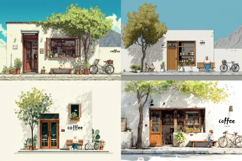 这是一幅风格清新治愈的插画，描绘了一家街边咖啡店。画面主体是一栋白色外墙的咖啡店建筑 ，右侧墙面上醒目地印着“coffee”字样，彰显着它的身份。 建筑左侧有一扇木框玻璃门，门敞开着，能看到屋里的桌椅陈设，门右侧是一个木质外推式窗口，窗内摆放着绿植和咖啡器具，充满生活气息。窗口下方，大大的树荫下，一条简约的木质长椅，男生穿着白短袖蓝色牛仔长裤白鞋，坐在长椅上乘凉，手里拿着一杯咖啡，长椅上有一盘蛋糕，旁边还有一只小小的白色雪纳瑞坐在男生身旁，稍作休憩。旁边停着一辆自行车，车筐里装满了鲜花 远处有深山， 建筑左侧，一棵枝叶繁茂的大树矗立着，翠绿叶片层层叠叠，阳光洒落，树影在墙面和地面上斑驳摇曳，光影效果灵动自然。地面上，点缀着星星点点的小花与嫩绿小草，生机盎然。 背景是澄澈湛蓝的天空，飘浮着蓬松如棉絮的白云，整个画面色彩明快鲜亮，线条柔和流畅，以典型的日式小清新插画风格，传递出闲适、惬意、宁静美好的氛围，让人仿佛能在此处寻得一方心灵的宁静港湾，享受片刻悠闲