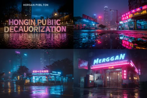 霓虹灯文字“弘建公装”，城市夜景背景，高楼大厦，雨后的湿滑路面反射霓虹光，暗蓝色与粉紫色调，低视角仰拍，广角镜头，浅景深，大光圈，动态模糊，光晕效果，金属质感，未来感，醒目字体，冷光与暖光交错，科技感，现代建筑线条，夜幕低垂，微雨氛围，霓虹灯闪烁，高对比度，冷峻而专业。