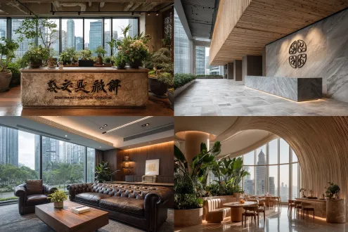 投资公司新办公室装修，老钱风，浅棕色搭配，logo与石头元素，宋式美学点缀，窗外cbd江景，总裁室绿植，套图，广角镜头，自然光与暖光混合，木质纹理，大理石细节，低饱和度，高级感，对称构图，现代与传统融合，宁静氛围