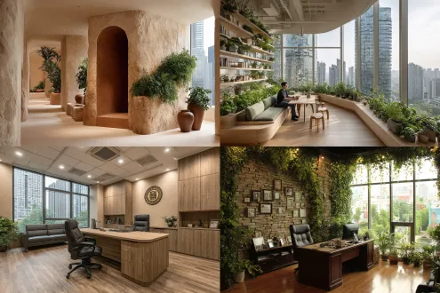 投资公司新办公室装修，老钱风，浅棕色搭配，logo与石头相关，部分宋式美学风格点缀，窗外cbd江景，总裁室搭配绿植，多图，套图