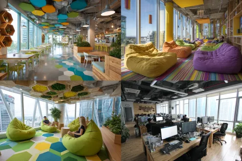 互联网游戏公司，轻松和谐办公环境，色彩丰富摆件挂画，落地窗自然光，明亮通透，现代简约设计，员工微笑协作，休闲着装，创意氛围，广角镜头，柔光，高饱和度，活力感，开放式空间，绿植点缀，欢乐情绪，几何装饰，木质家具。