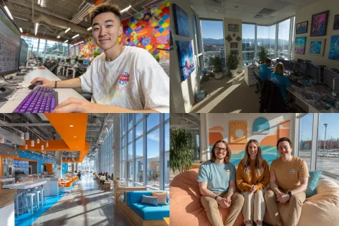 互联网游戏公司办公室，开放空间，多彩摆件和创意挂画，明亮自然光，大落地窗，极简现代家具，员工穿着休闲t恤面带微笑协作，活力氛围，柔和阴影，广角镜头，高饱和度，温馨色调，舒适感，协作场景，午后阳光，植物点缀。