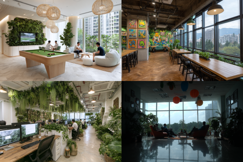 互联网游戏公司办公场景，明亮宽敞，大落地窗引入自然光，暖色吊灯点缀，多彩摆件和创意挂画，员工轻松交谈或专注工作，现代简约家具，绿植装饰，氛围温馨和谐，全景构图，柔和光线，自然色与鲜艳色平衡，35mm镜头，高动态范围，生动细节，愉悦情绪。