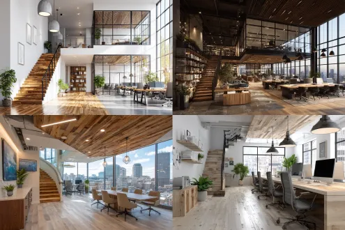 现代办公室空间，两层设计，大玻璃窗城市景观，高天花板垂灯，会议桌与椅子，盆栽植物书架，极简风格专业氛围，木质天花板线性灯，白墙木地板，一楼开放布局办公桌电脑，二楼栏杆办公椅，木质楼梯金属扶手，墙上装饰画，左侧嵌入式木柜，盆栽点缀，自然光与人工光混合，广角镜头，高动态范围，冷色调，宁静高效。