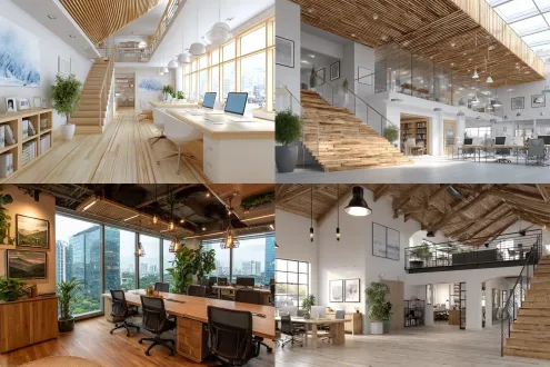modern office space, large glass windows, cityscape view, high ceiling, pendant lights, conference table with chairs, potted plant, bookshelf, minimalist design, professional atmosphere, modern office space, two - story design, wooden ceiling with linear lights, white walls, wooden floor, open - plan layout with desks and computers on the first floor, railing and office chairs on the second floor, staircase with wooden steps and metal railing, framed artworks on the wall, built - in wooden cabinet on the left, potted plants for decoration.