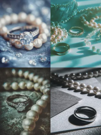 珠宝品鉴会海报，冷色调底图，纸张纹理，极简主义，居中构图，高光金属质感，珠宝特写，钻石戒指与珍珠项链，柔和散射光，微距镜头，低饱和度，高级感，优雅，精致，静物摄影，哑光背景，细腻阴影，冷白光。