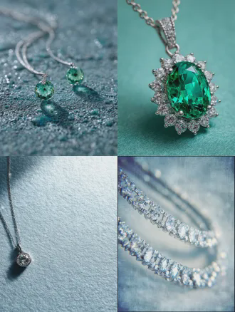 珠宝品鉴会海报，冷色调底图，纸张纹理，极简主义，居中构图，高光金属质感，珠宝特写，祖母绿与钻石项链，柔和散射光，微距镜头，低饱和度，高级感，优雅，精致，静物摄影，哑光背景，细腻阴影，冷白光，金属反光，几何线条，简约排版，奢华氛围，细节清晰，平滑过渡，冷静奢华。