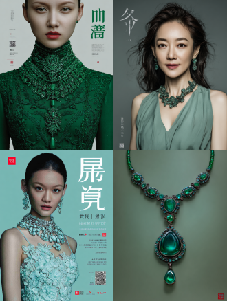 海报设计，艺术美学社交活动，探寻珠宝之美，高级珠宝展示，珍稀宝石特写，资深设计师互动，旧物改造工作坊，浅绿与绿色主色调，简洁现代排版，高光细节，柔和自然光，对称构图，董又慈肖像，优雅知性，湖北时尚文化精英，活动信息突出，二维码清晰，社交媒体图标，益合美术馆标志，年末活动预告，水墨梅兰竹菊课堂，乐寻千里艺术展，光谷喻家湖路场馆，地铁指引，会员福利，非会员参与费用，铁粉专属礼遇，手绘瓷器创作，国风礼品，原创艺术作品征集