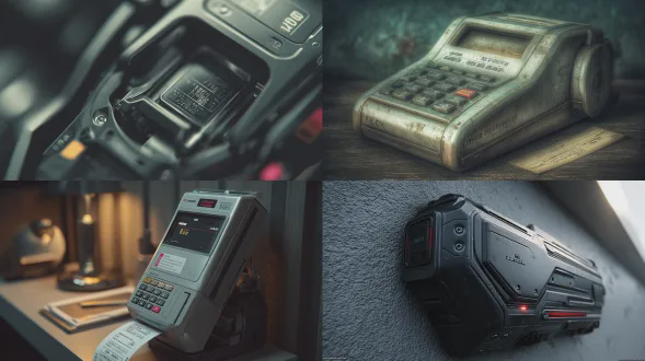 8k高清写实风格，手持标签打印设备特写，金属厚重机身，清晰撞针结构，色带轻微外露，动态撞击瞬间，标签纸打印粗糙文字，工业复古质感，柔和均匀冷光，墙面挂画比例，细节纹理饱满，无噪点，无杂物，特写镜头，工作室灯光，高清晰度，微距摄影，冷色调，精准对焦。