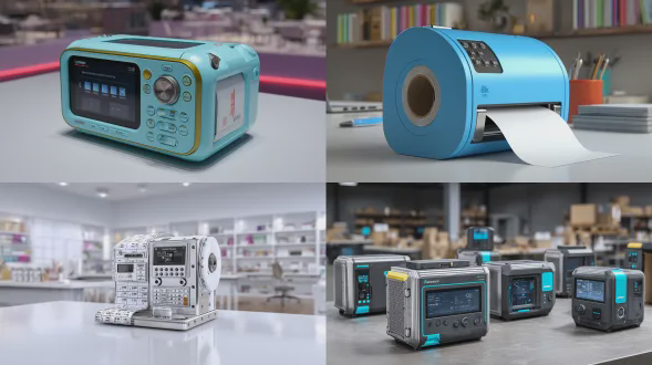 8k高清写实科技风，手持标签打印机正面展示，机身简约流畅塑料金属结合，操作按钮清晰，热转印热敏技术突出，标签纸输出流畅文字图案清晰，背景简约货架办公桌面，冷白主色调浅蓝点缀，柔和展厅灯光，细节纹理清晰，无噪点高清，工业化商业场景。