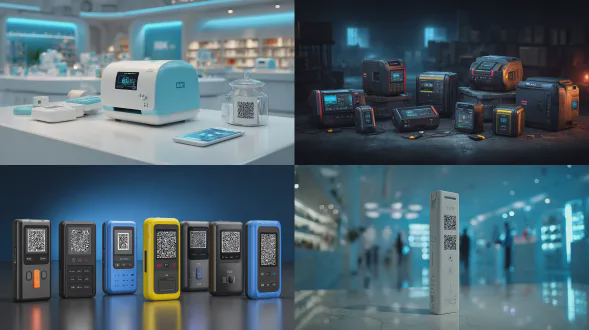 8k高清现代科技风，手持标签打印机轻薄简约，与移动终端联动，屏幕显示ai交互界面，标签含复杂图案二维码，背景有互联网线条、ai图标，点缀仓储零售物流场景元素，展厅柔光配蓝色光影，冷色调，细节饱满，突出网络化智能化，高清无噪点，广角镜头，三点照明，设备特写，科技感，未来主义，简洁构图。