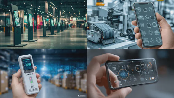 现代科技风展厅，手持标签打印机轻薄简约，ai交互界面，复杂图案标签纸，互联网网络线条背景，仓储零售物流场景点缀，冷色调柔光与科技蓝光，高清细节展示机身触控屏与网络图标，8k画质，无噪点，广角镜头，柔光与侧光结合，设备联动移动终端，突出智能化网络化场景。