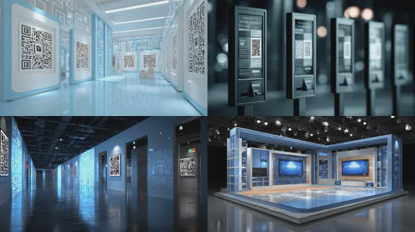 8k高清现代科技风展厅，手持标签打印机轻薄简约，联动移动终端，屏幕显示ai交互界面，标签含复杂图案二维码，背景有互联网线条与ai图标，点缀仓储零售物流元素，柔光配蓝色光影，冷色调，细节饱满，网络化智能化突出，高清无噪点，广角镜头，三点照明，设备特写，科技感，未来主义，简洁构图，专业摄影。