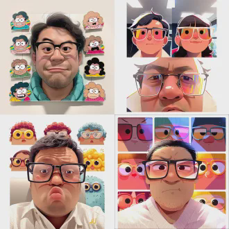 搞笑创意风格人物头像，夸张表情，大头照，高饱和度色彩，卡通化五官，趣味眼镜，凌乱发型，柔和阴影，明亮工作室灯光，正面平视，矢量艺术风格，扁平化设计，趣味贴纸元素，生动活泼情感。