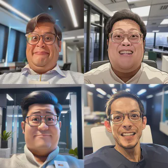 办公室搞笑工牌头像，居中特写，夸张表情，戴眼镜穿衬衫，背景模糊，明亮工作室灯光，商业摄影风格，35mm镜头，高饱和度色彩，幽默欢乐氛围。