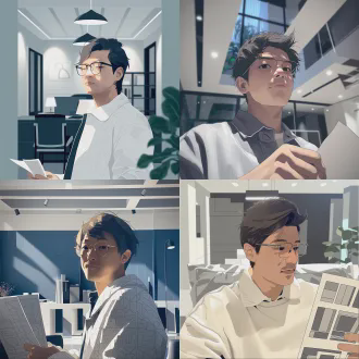 创意头像，装修风格，极简主义，室内环境，设计师工作室，人物侧脸，专注表情，手持设计图纸，现代简约服装，冷色调，自然光，浅景深，广角镜头，沉稳，专业感，几何元素，柔和阴影，细腻纹理，高级灰，安静氛围。