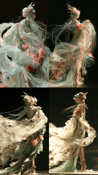 masterpiece, best quality, 8k, ultra-detailed, full body shot, ethereal xianxia goddess, pale mint green long hair styled in double large buns, adorned with golden feather hair ornaments and soft pink blossoms, long loose flowing hair tendrils, delicate pale porcelain skin, serene gentle facial expression. wearing elegant layered pale mint green fantasy fairy robe, iridescent glowing sheer tulle outer layers, decorated with pink peony blossoms and delicate golden vine embroidery. wispy, billowing luminous fabric swirl dynamically around the figure, long trailing robe hem. delicate golden vine ornaments wrapped around ankles. solid pure black background, soft rim lighting, gentle backlight, cinematic lighting, translucent fabric catching light, fantasy 3d game character art, delicate rendering, soft highlights, depth of field, unreal engine 5, octane render
