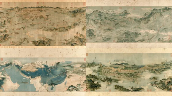 横向超长古画卷，散点透视，仿古绢本淡青绿山水，工笔界画，丝绸之路历史地图，作为画册背景，画面干净素雅，不杂乱；**甘肃区域放大突出，占画面核心比重**，清晰标注丝路节点地名：天水、兰州、武威、张掖、嘉峪关、酒泉、瓜州、敦煌，敦煌、兰州位置重点放大标识；向东延伸长安，向西延伸楼兰、于阗、龟兹、疏勒，古丝路路线用浅赭色驼道线条连贯串联； 地貌区分：黄土高原、祁连雪山、戈壁沙漠、绿洲、河流，简笔写意，点缀小型驼队、烽燧、古城关隘、祥云； 宣纸绢底，浅米黄古旧质感，细微自然旧斑，矿物淡彩，墨线细腻柔和，低饱和度，留白充足，文字地名是古朴书法小字，红色篆刻印章点缀角落； 高清，8k，印刷级精度，色彩沉稳柔和，不要强光、不要夸张特效，不要现代建筑，整体古朴庄重，类似古代舆图长卷，**弱化装饰元素，保证地图信息可读**
