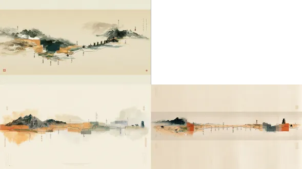 横向长幅画面，新中式新古典风格丝绸之路地图长卷，保留丝路全部节点信息，甘肃区域视觉放大突出，兰州、敦煌为重点视觉节点；标注地名：长安、天水、兰州、武威、张掖、嘉峪关、酒泉、瓜州、敦煌、楼兰、龟兹、于阗、疏勒，柔和流畅线条串联古丝路通道。 融合现代简约线条美学与东方山水意象，不是传统古画，克制轻量化表达；极简块面地貌，祁连雪山、戈壁、绿洲、河流用低饱和色块区分，少量抽象化烽燧、驼队剪影点缀，不繁复；底色是高级浅米灰绢纹肌理，细腻哑光质感，低饱和度莫兰迪色调，赭石、青灰、石绿为主，干净通透，留白充裕；地名采用现代书法字体，清晰规整，角落点缀简约篆刻元素，弱化老旧斑驳感；整体沉稳高级，兼具历史厚重感与现代设计感，适合画册背景，信息清晰可读，8k，印刷高清精度，无多余杂物，无强烈光影。