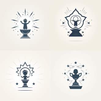 简约线性图标设计，企业 logo 风格；主体：一个小孩以挺拔站姿位于画面中心，双手高高举起一个造型简洁的奖杯（奖杯呈杯状或星形，线条清晰）；整体被一个由柔和流动的曲线云纹勾勒出的方形边界线环绕；构图：极度居中，主体与边界间保持恰当负空间；色彩：双色组合 - 纯白色用于小孩和奖杯的轮廓线条，深邃、平静的纯蓝色作为背景；无渐变，无阴影，高度简洁，扁平化或线型图标风格；干净、现代、精致、庄重感；背景纯净无杂色；无文字