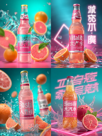活力风海报，c位500ml玻璃瓶（橙味），透光广西金桔果肉粒，左区青蓝渐变抽象漓江水波纹，右区3.2倍绵密气感流体字，瓶底写意螺蛳粉香料植绘，顶部丝带广西餐饮渠道口碑饮品，底部霓虹几何符号吨·爽·沁，主色调荔枝粉+漓江青，柔光粒子特效，高饱和度，商业摄影，微距镜头，镜面反射，透明材质，流体动态，抽象几何，霓虹光效，活力清新。