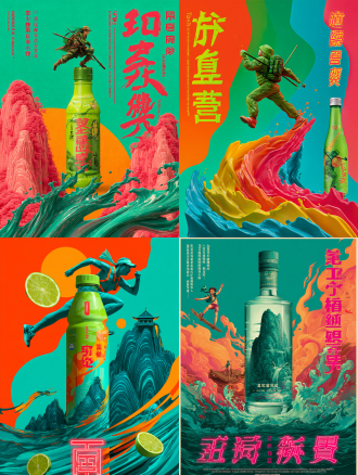 “活力运动风海报，500ml玻璃瓶置于c位（荔枝味），瓶身投射象鼻山剪影。背景青橙渐变流体，融入： ① 左侧竹筏青年举瓶冲刺状（替代体操运动员） ② 右侧爆炸标语‘解辣冠军’+‘3.2倍气封喉’ ③ 瓶底螺蛳粉抽象红油波纹 顶部飘带‘中国餐饮渠道畅销饮品’，底部竖排霓虹字‘吨两口，爽到震！’。采用君乐宝同款高饱和色调，但主色替换为荔枝粉+漓江青，8k粒子光效。”