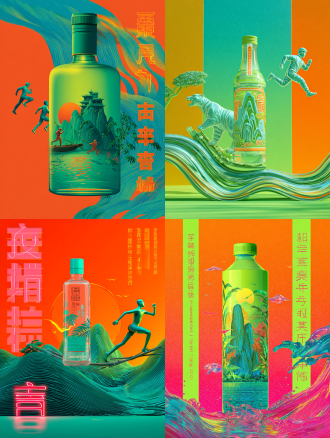 后现代 极简设计 “活力运动风海报，500ml玻璃瓶置于c位（荔枝味），瓶身投射象鼻山剪影。背景青橙渐变流体，融入： ① 左侧竹筏青年举瓶冲刺状（替代体操运动员） ② 右侧爆炸标语‘解辣冠军’+‘3.2倍气封喉’ ③ 瓶底螺蛳粉抽象红油波纹 顶部飘带‘中国餐饮渠道畅销饮品’，底部竖排霓虹字‘吨两口，爽到震！’。采用君乐宝同款高饱和色调，但主色替换为荔枝粉+漓江青，8k粒子光效。”