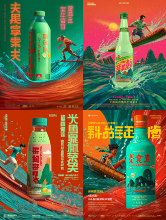 后现代极简设计，活力运动风海报，500ml玻璃瓶c位（荔枝味），瓶身投射象鼻山剪影，青橙渐变流体背景，广角镜头，高饱和色调，8k粒子光效，左侧竹筏青年举瓶冲刺，动态模糊，右侧爆炸标语“解辣冠军+3.2倍气封喉”，瓶底抽象红油波纹，顶部飘带“中国餐饮渠道畅销饮品”，底部霓虹字“吨两口，爽到震！”，荔枝粉+漓江青主色，强对比光，未来感。