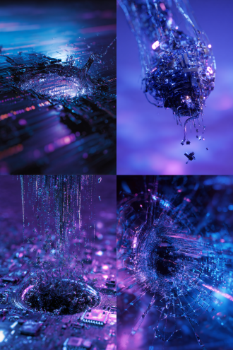 极简设计 画册背景图 液态金属数据风暴​ 液态水银质感的漩涡，悬浮破碎的电子元件与二进制代码，冷调蓝紫霓虹光影，动态模糊处理，科技灾难美学，高对比度