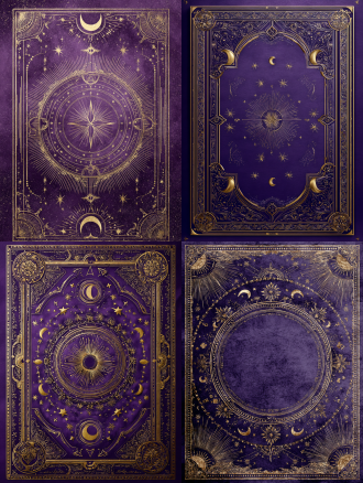 塔罗牌主题，紫色纯色背景，大版心设计，海报中心预留文字区域，细腻金色边框线条，神秘星阵、月亮、符文点缀，古典雕刻纹理，柔和漫射光，对称构图，暗调奢华，深紫与金色搭配，神秘感，精致细节，微距镜头，哑光质感，优雅沉静，高解析度，复古装饰元素，低饱和度，柔和阴影，金属光泽。