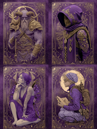 塔罗牌主题，紫色纯色背景，大版心设计，海报中心预留文字区域，细腻金色边框线条，神秘星阵、月亮、符文点缀，古典雕刻纹理，柔和漫射光，对称构图，暗调奢华，深紫与金色搭配，神秘感，精致细节，微距镜头，哑光质感，优雅沉静，高解析度，复古装饰元素，低饱和度，柔和阴影，金属光泽。