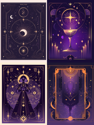 塔罗牌主题，2d扁平风格，简约设计，紫色纯色背景，大版心设计，海报预留中心文字区域，细腻金色边框线条，对称构图，高光点缀，柔和阴影，金属质感，神秘氛围，极简线条，优雅曲线，精致细节，哑光表面，居中布局，深紫色与金色对比，宁静情感。