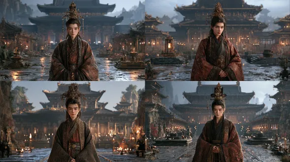 空置女娲宫外庭，低视角全景，中式神话史诗实景，青灰石板斑驳木纹，冷灰自然光，石道祭台廊庑主殿，哑光厚重，re视觉质感，21:9画幅，无人物，肃穆宏大